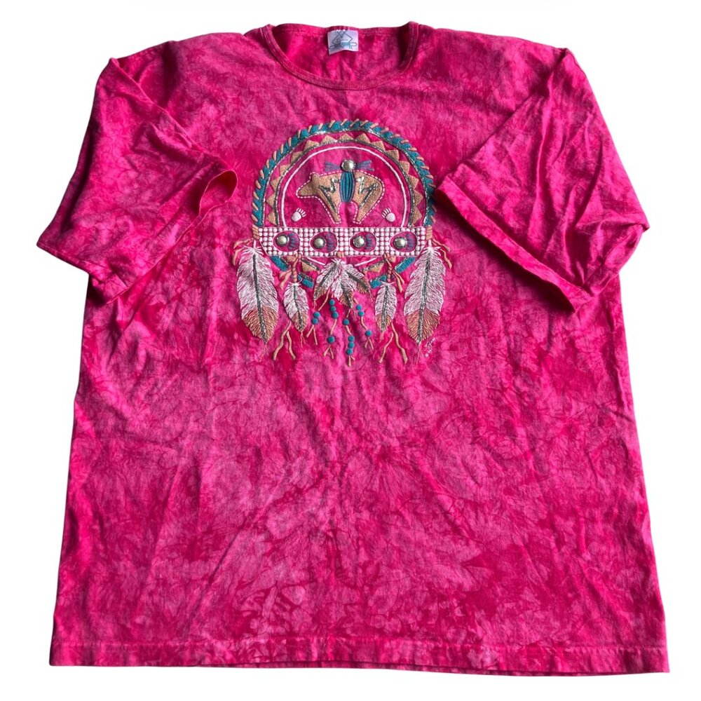 VTG 90s Lynee Apparel Native American Tribal Dreamcatcher Pink Marbled Shirt XL